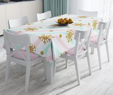 Pembe Mavi Zeminde Kar Tanesi Detaylı Modern Leke Tutmaz Masa Örtüsü - Masa3227