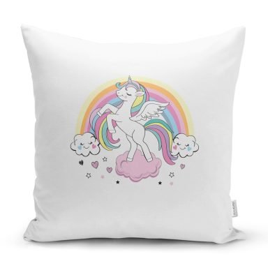 Beyaz Zeminde Unicorn At ve Yıldızlar Çocuk Odası Yastık Kırlent Kılıfı