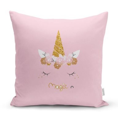 Pembe Zeminde Magic Unicorn Tasarımlı Çocuk Odası Yastık Kırlent Kılıfı