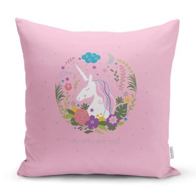 Pembe Zeminde Unicorn At Desenli Çocuk Odası Yastık Kırlent Kılıfı