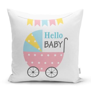 Gri Zeminde Baby Shower Fil Desenli Dijital Baskılı Bebek Odası Yastık Kılıfı