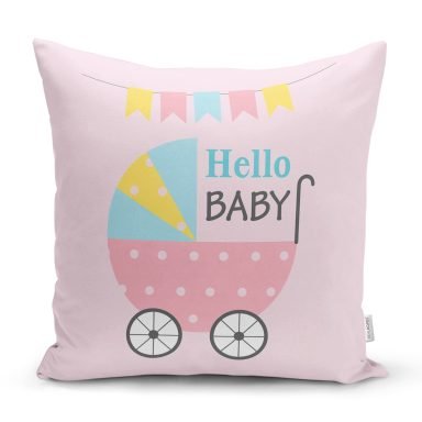 Pembe Zeminde Baby Shower Fil Desenli Dijital Baskılı Bebek Odası Yastık Kılıfı