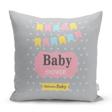 Gri Zeminde Baby Shower Desenli Özel Tasarım Bebek Odası Yastık Kılıfı