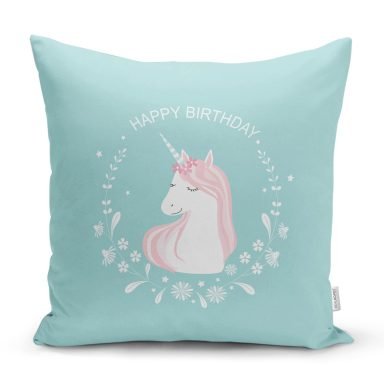 Pembe Zeminli Happy Birthday Unicorn Desenli Bebek Odası Yastık Kılıfı