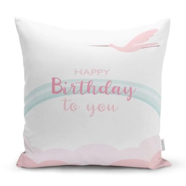 Gri Zeminli Happy Birthday Unicorn Desenli Bebek Odası Yastık Kılıfı