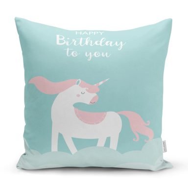 Gri Beyaz Çizgili Happy Birthday Tasarımlı Bebek Odası Yastık Kılıfı