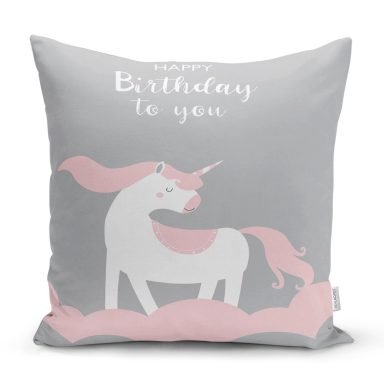 Pembe Beyaz Çizgili Happy Birthday Tasarımlı Bebek Odası Yastık Kılıfı