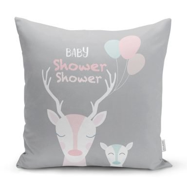 Gri Zeminli Unicorn Baby Shower Desenli Çocuk Odası Yastık Kılıfı