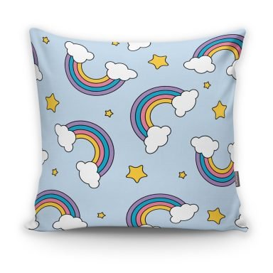 Realhomes Mavi Zeminde Unicorn Gökkuşağı Dijital Baskılı Modern Kırlent Kılıfı