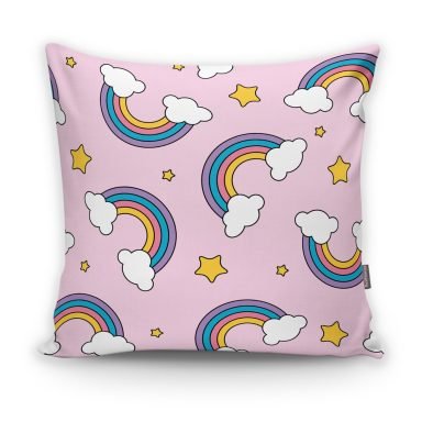 Realhomes Pembe Zeminde Unicorn Gökkuşağı Dijital Baskılı Modern Kırlent Kılıfı