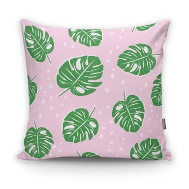 Realhomes Pembe Zeminde Yapraklar Dijital Baskılı Modern Yastık Kılıfı