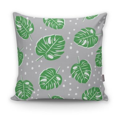 Realhomes Gri Zeminde Yapraklar Dijital Baskılı Modern Yastık Kılıfı