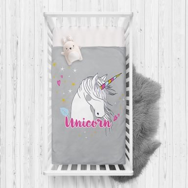Gri Zeminli Unicorn At Desenli Özel Tasarım Çocuk Odası Yatak Örtüsü