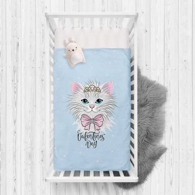 Mavi Zeminde Sevimli Kedicik Özel Tasarım Çocuk Odası Yatak Örtüsü