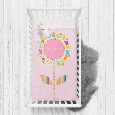 Pembe Zeminde Baby Shower Tasarımlı Çocuk Odası Yatak Örtüsü