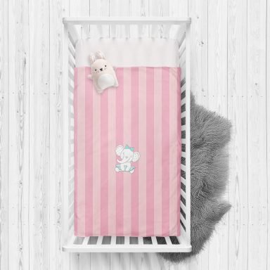 Pembe Çizgili Fil Motifli Bebek Odası Yatak Örtüsü