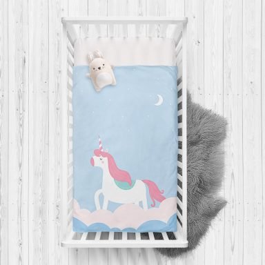 Mavi Unicorn At Desenli Dijital Baskılı Bebek Odası Yatak Örtüsü