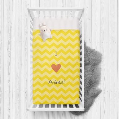 Sarı Zigzaglı I Love Animal Desenli Çocuk Odası Yatak Örtüsü