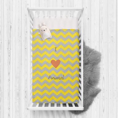Sarı Gri Zigzaglı I Love Animal Desenli Çocuk Odası Yatak Örtüsü