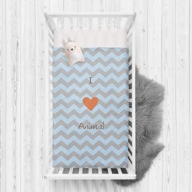 Mavi Gri Zigzaglı I Love Animal Desenli Çocuk Odası Yatak Örtüsü