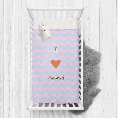 Mavi Pembe Zigzaglı I Love Animal Desenli Çocuk Odası Yatak Örtüsü