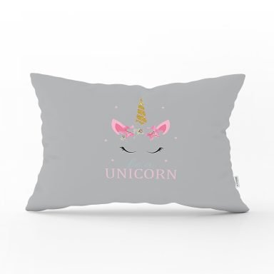 Gri Zeminde Unicorn Desenli Çocuk Odası Dikdörtgen Yastık Kılıfı