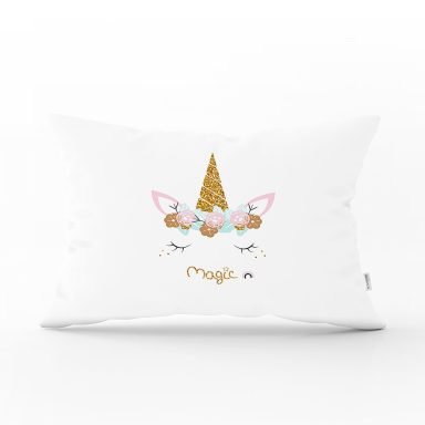 Beyaz Zeminde Magic Unicorn Tasarımlı Çocuk Odası Dikdörtgen Yastık Kılıfı
