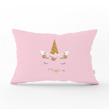 Pembe Zeminde Magic Unicorn Tasarımlı Çocuk Odası Dikdörtgen Yastık Kılıfı