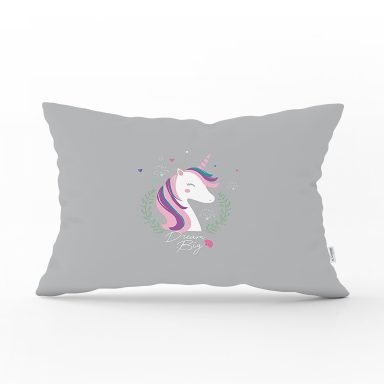 Gri Zeminde Magic Unicorn Tasarımlı Çocuk Odası Dikdörtgen Yastık Kılıfı