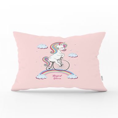 Pembe Zeminde Bisiklet ve Unicorn Tasarımlı Çocuk Odası Dikdörtgen Yastık Kılıfı