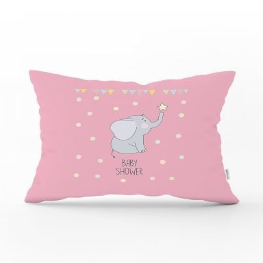 Pembe Zeminde Fil ve Baby Shower Tasarımlı Çocuk Odası Dikdörtgen Yastık Kılıfı