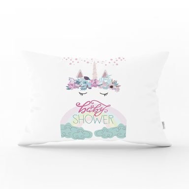 Beyaz Zeminde Baby Shower Özel Tasarım Çocuk Odası Dikdörtgen Yastık Kılıfı