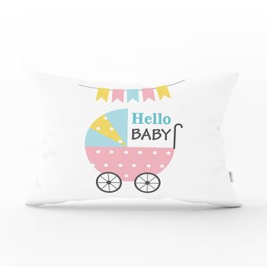 Gri Zeminde Baby Shower Fil Desenli Dijital Baskılı Bebek Odası  Dikdörtgen Yastık Kılıfı