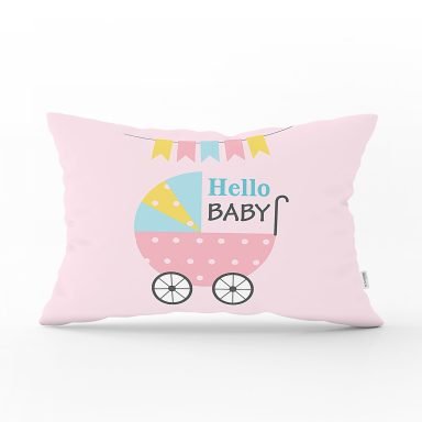 Pembe Zeminde Baby Shower Fil Desenli Dijital Baskılı Bebek Odası Dikdörtgen Yastık Kılıfı