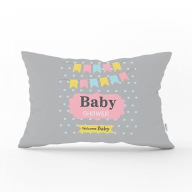 Gri Zeminde Baby Shower Desenli Özel Tasarım Bebek Odası Dikdörtgen Yastık Kılıfı