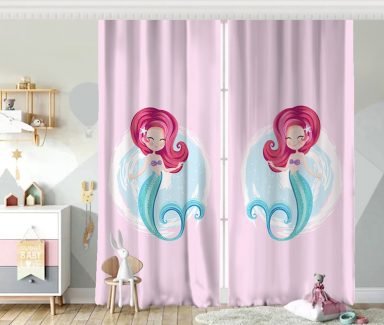 Pembe Zeminde Denizkızı Desenli Dijital Baskılı Çocuk Odası Fon Perde