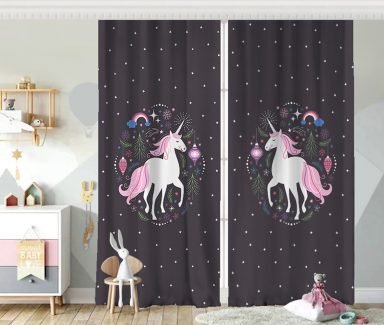 Siyah Zeminde Unicorn Sevimli At Çocuk Odası Fon Perde