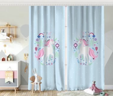 Mavi Zeminde Unicorn Sevimli At Çocuk Odası Fon Perde