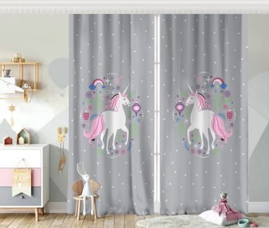 Gri Zeminde Unicorn Sevimli At Çocuk Odası Fon Perde