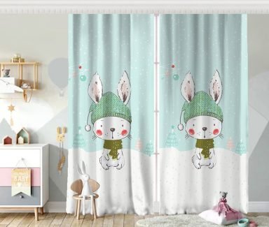 Winter Tavşan Morifli Dijital Baskılı Çocuk Odası Fon Perde