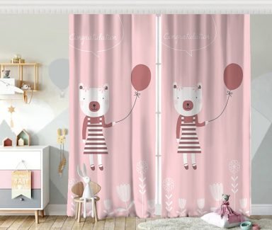 Pembe Zeminde Balon ve Ayıcık Desenli Bebek Odası Fon Perde