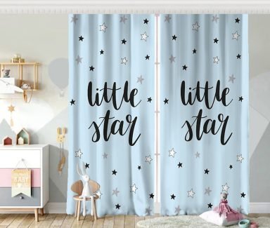 Mavi Zeminde Little Star Tasarımlı Bebek Odası Fon Perde
