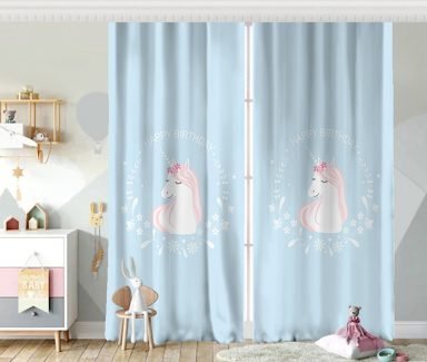 Mavi Zeminde Unicorn At Tasarımlı Bebek Odası Fon Perde