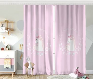 Pembe Zeminde Unicorn At Tasarımlı Bebek Odası Fon Perde