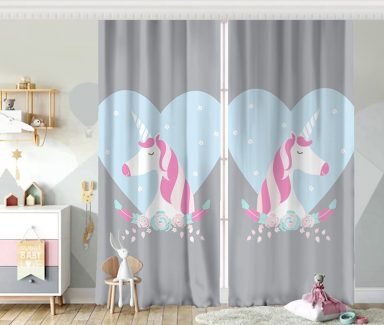 Gri Zeminli Mavi Kalpli Unicorn Desenli Çocuk Odası Fon Perde