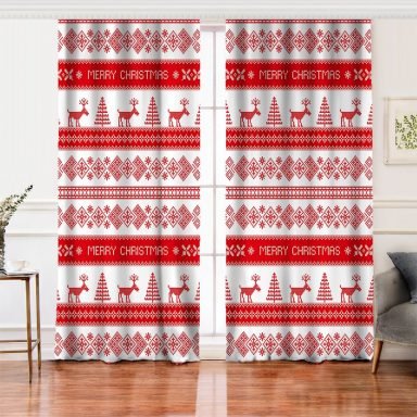 Merry Christmas Kanaviçe Görünümlü Geyikler Baskılı Salon Fon Perde