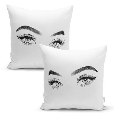 Beyaz Zeminde Modern Kirpik Tasarımlı 2'Li Kırlent Kılıf Seti