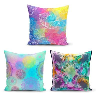 Rengarenk Damask Baskılı 3'Lü Kırlent Kılıf Seti