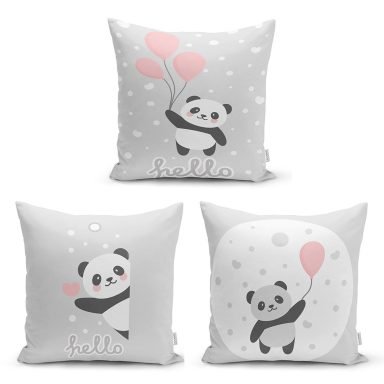 Hello Panda Motifli 3'Lü Kırlent Kılıf Seti