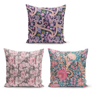 Çiçek Tasarımlı Dekoratif 3'Lü Kırlent Kılıf Seti
